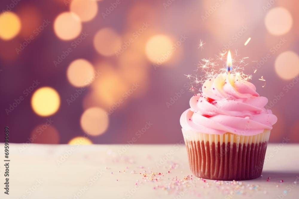 Wall mural Birthday cupcake with burning candle on bokeh lights background, A birthday cupcake with candles on a pink background with bokeh, AI Generated