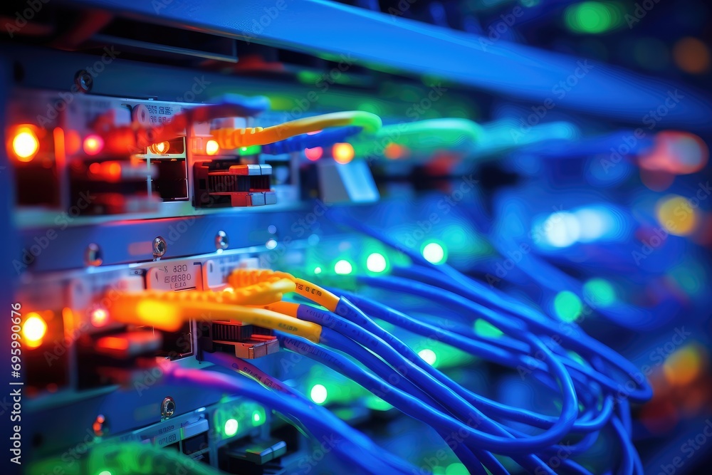 Poster fiber optic with servers in a technology data center, shallow depth of field, a close-up shot of net