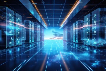 3D rendering of futuristic server room with servers and blue sky background, Big data center technology warehouse with servers for information digitalization starts, AI Generated