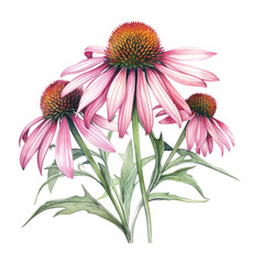 Light Pink Echinacea Flower Botanical Watercolor Painting Illustration - obrazy, fototapety, plakaty