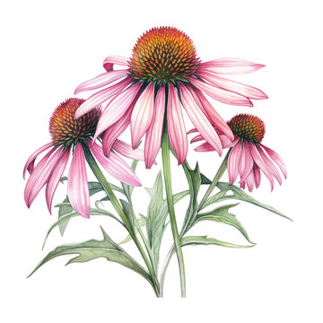 Light Pink Echinacea Flower Botanical Watercolor Painting Illustration