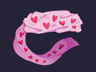 Pink colored scarf with red heart decoration pattern vector illustration isolated on dark horizontal background. Simple flat cartoon styled drawing. February valentine's day gift themed art.
