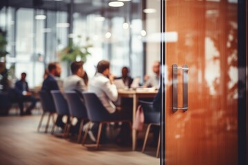 Blurred view of business meeting through office glass door - obrazy, fototapety, plakaty