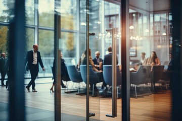 Blurred view of business meeting through office glass door - obrazy, fototapety, plakaty