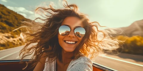 Tuinposter young beautiful girl in sunglasses rides in a cabriolet car  Generative AI © Denis S