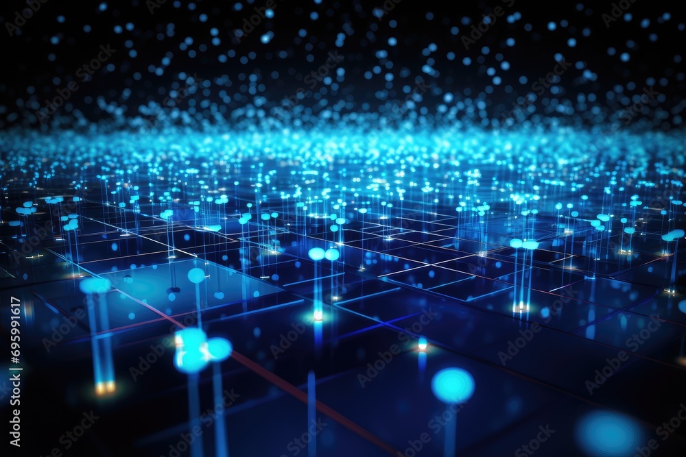 Poster 3d rendering of abstract technology background with circuit board and blue lights,  Abstract technology background with circuit board. Artificial intelligence concept. 3D Rendering, AI Generated