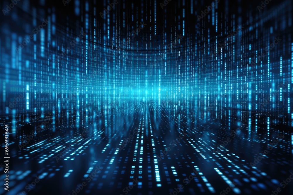 Poster blue matrix digital background, 3d rendering. computer digital drawing, big data flow with cyber blo