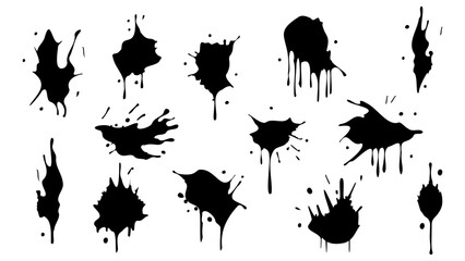 Set of Ink blots. Abstract stains with drops and splashes. Black paint splatter. Vector illustration isolated on a white background. Liquid dirty inkblots. Grunge texture. Design elements