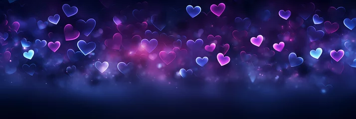 Foto op Canvas Beautiful background banner with purple hearts, lights, sparkles and bokeh. Valentine's Day. Panoramic web header with copy space. Wide screen wallpaper © MariiaDemchenko