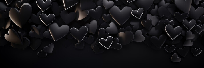Beautiful dark background banner with black hearts. Valentine's Day. Panoramic web header with copy space. Wide screen wallpaper