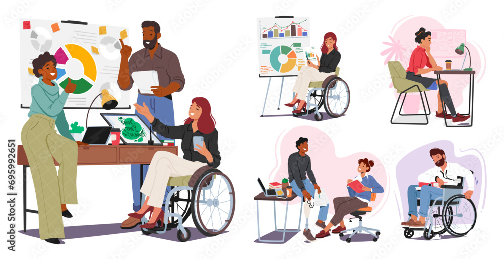 Poster diverse, capable characters with disabilities contribute to the office environment. adapted workspac