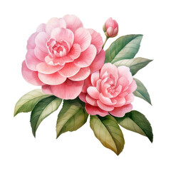 Two Blooming Soft Pink Camellia Flower Botanical Watercolor Painting Illustration