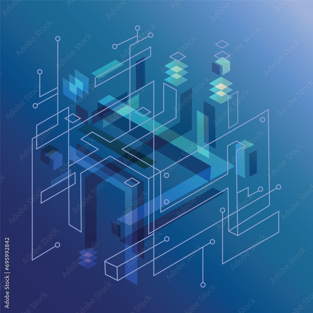 Poster technological background with geometric isometric shapes, figures and lines. modern abstract backgro