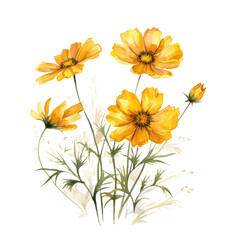 Bright Yellow Cosmos Flower Botanical Watercolor Painting Illustration