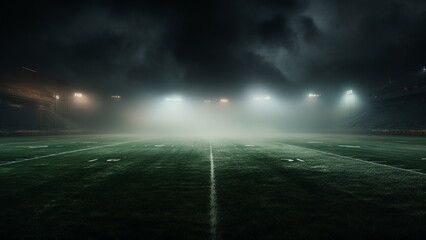 American football high school stadium lights from center field on green with low lying mist fog on ground with Generative AI - obrazy, fototapety, plakaty