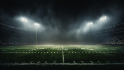 American football high school stadium lights from center field on green with low lying mist fog on ground with Generative AI