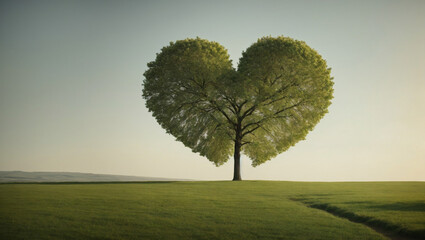 Love in nature. A tree with heart-shaped leaves against a calm, minimalist landscape. Minimal Valentine's Day and love concept. With copy space.