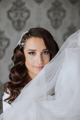A beautiful brunette bride with a tiara in her hair is getting ready for the wedding in a beautiful robe in boudoir style. Close-up wedding portrait, photo.