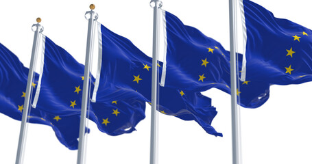 group of flags of the European Union waving in the wind. Transparent 4k resolution - obrazy, fototapety, plakaty