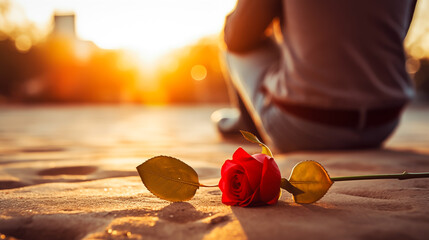 Solitary rose and a lone man sitting on a city bench, evoking the feeling of being stood up on a date.
