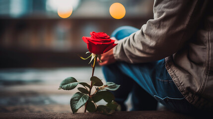 Solitary rose and a lone man sitting on a city bench, evoking the feeling of being stood up on a date.
