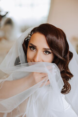 A beautiful brunette bride with a tiara in her hair is getting ready for the wedding in a beautiful...
