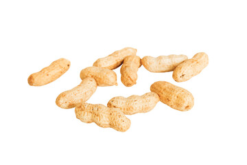 pile unpeeled peanuts isolated on white background, top view. Flat lay Healthy food concept