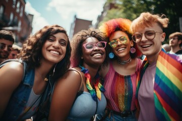 Group portrait of diverse gay people at pride parade
