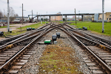 Obraz premium railway, in the photo there are railway switches and rails close-up