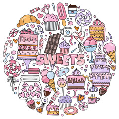 Hand-Drawn And Colored Doodles Themed On Sweets, Including A Set Of Pictures With Cakes, Candies, And Other Treats For Stress-Relief Coloring