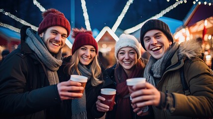 men and women drinking mulled wine and beer  celebrate winter holiday together at fun fair, happy and togetherness, Generative Ai