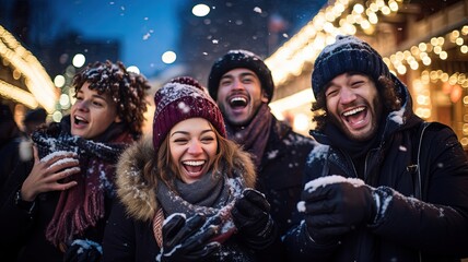 men and women celebrate winter holiday together at fun fair, happy and togetherness, Generative Ai - obrazy, fototapety, plakaty