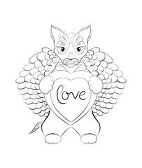 Hand drawn cute cat with heart, outline drawing for coloring and Valentine's day.