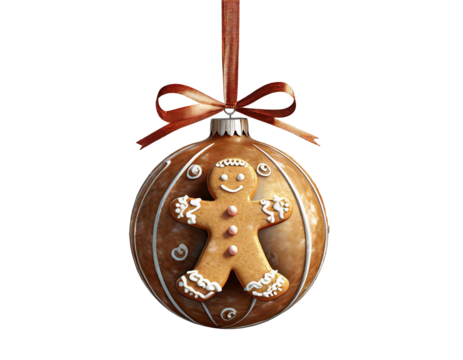 Christmas bauble decorated with a happy cute gingerbread man. Unique Christmas bauble fictional. Merry Christmas cookies. Transparent background isolated object. Xmas holiday season. Sweet pastry.  - Powered by Adobe