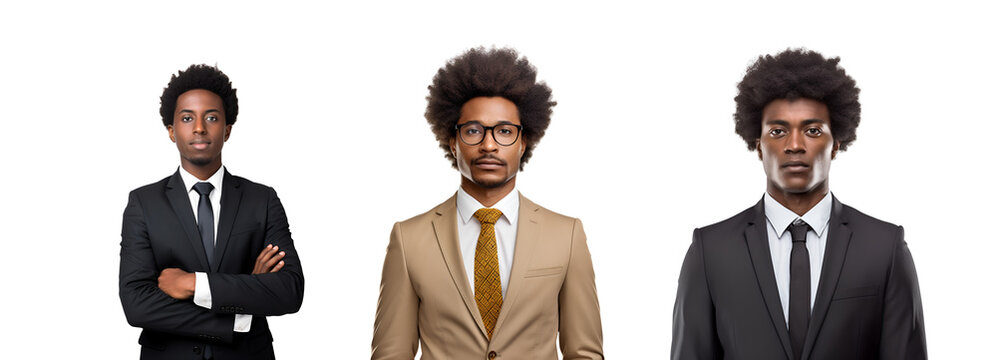 Set of Young Afro Entrepreneurs in Suits, Isolated on Transparent Background, PNG