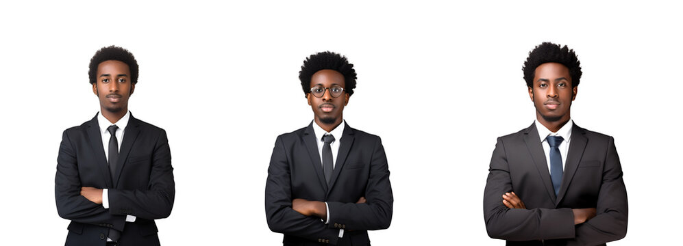 Set of Young Afro Executives in Business Suits, Isolated on Transparent Background, PNG