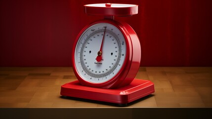 vibrant weight loss concept: fresh vegetable salad with tomatoes, avocado, arugula, radish, and a red weight scale - healthy diet menu