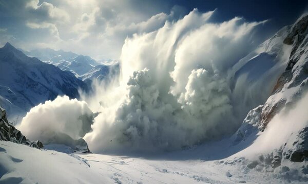 A snow avalanche cascades down a mountain slope, raising clouds of snow under a bright blue sky.