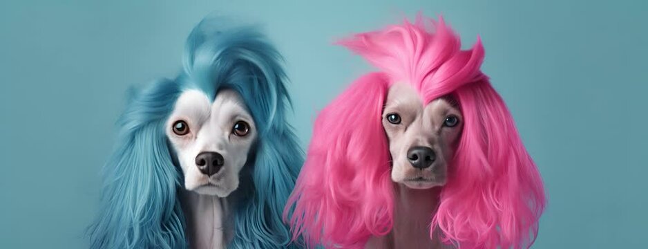 Dogs with pink and blue hair look straight ahead against a blue background, creating a fun and creative image. Banner