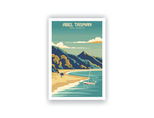 Abel Tasman, New Zealand. Vintage Travel Posters, Vector illustration, Digital, Design, Famous Tourist Destinations, Prints Wall, Living Room Decor