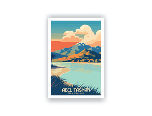 Abel Tasman, New Zealand. Vintage Travel Posters, Vector illustration, Digital, Design, Famous Tourist Destinations, Prints Wall, Living Room Decor