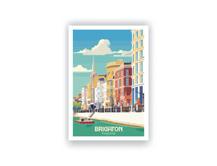 Brighton, England. Vintage Travel Posters, Vector illustration, Digital, Design, Famous Tourist Destinations, Prints Wall, Living Room Decor
