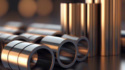 Non-ferrous metal products. Metal rolled products on a blurred background. - obrazy, fototapety, plakaty