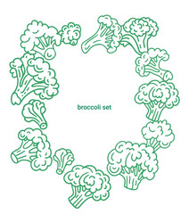 Broccoli cabbage doodle set. Broccoli simple outline icon vector illustration. Green broccoli vegetables.