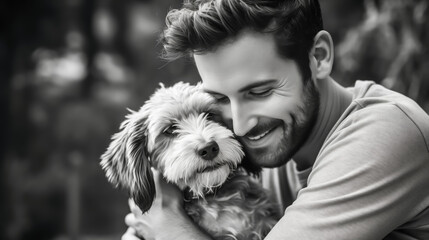 Young man sharing a joyful moment with his fluffy dog