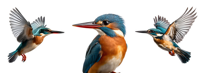Fototapeta premium Set of wild kingfisher birds, flaunting blue azure and orange feathers while flying, Isolated on Transparent Background, PNG