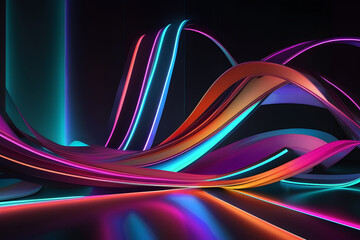 fluorescent 3d render glowing colorful neon light abstract black background - obrazy, fototapety, plakaty