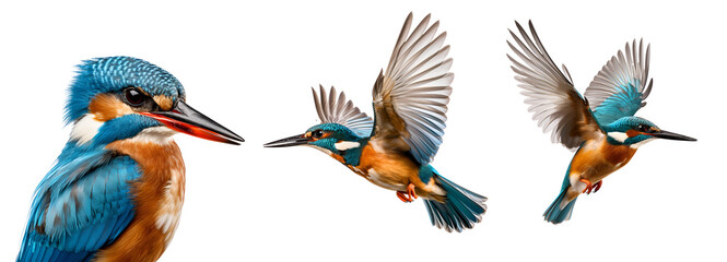 Set of wild kingfisher birds, adorned with blue azure and orange feathers, in flight, Isolated on Transparent Background, PNG