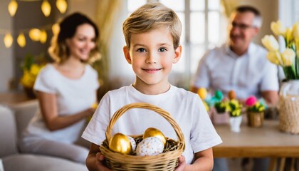 Chłopiec trzymający w rękach koszyk pełen pisanek, w tle rodzina, stół i świąteczne dekoracje. Motyw rodzinnych świąt Wielkanocnych - obrazy, fototapety, plakaty