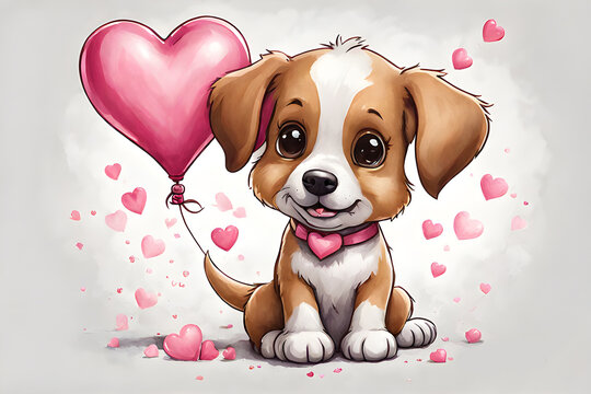 cute valentine little dog with pink heart balloon isolated white background